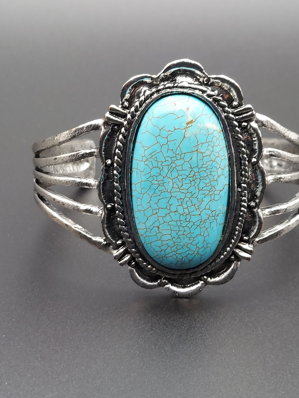 Silver-Tone Cuff Bracelet with Turquoise Blue Oval Stone